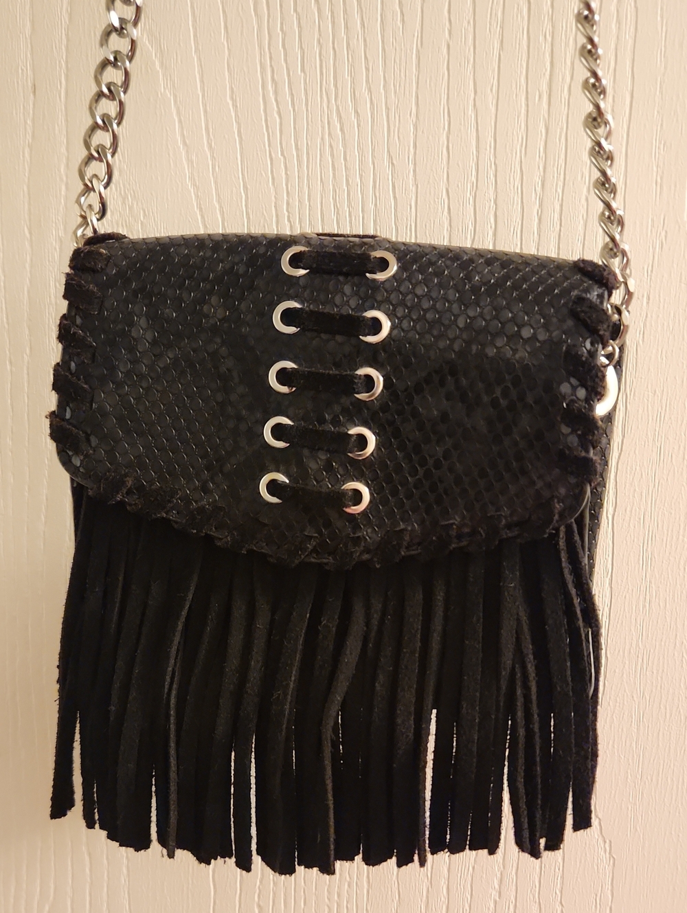 Zara Black Snakeskin Pattern Fringe Crossbody with Chain and Eyelet Detail